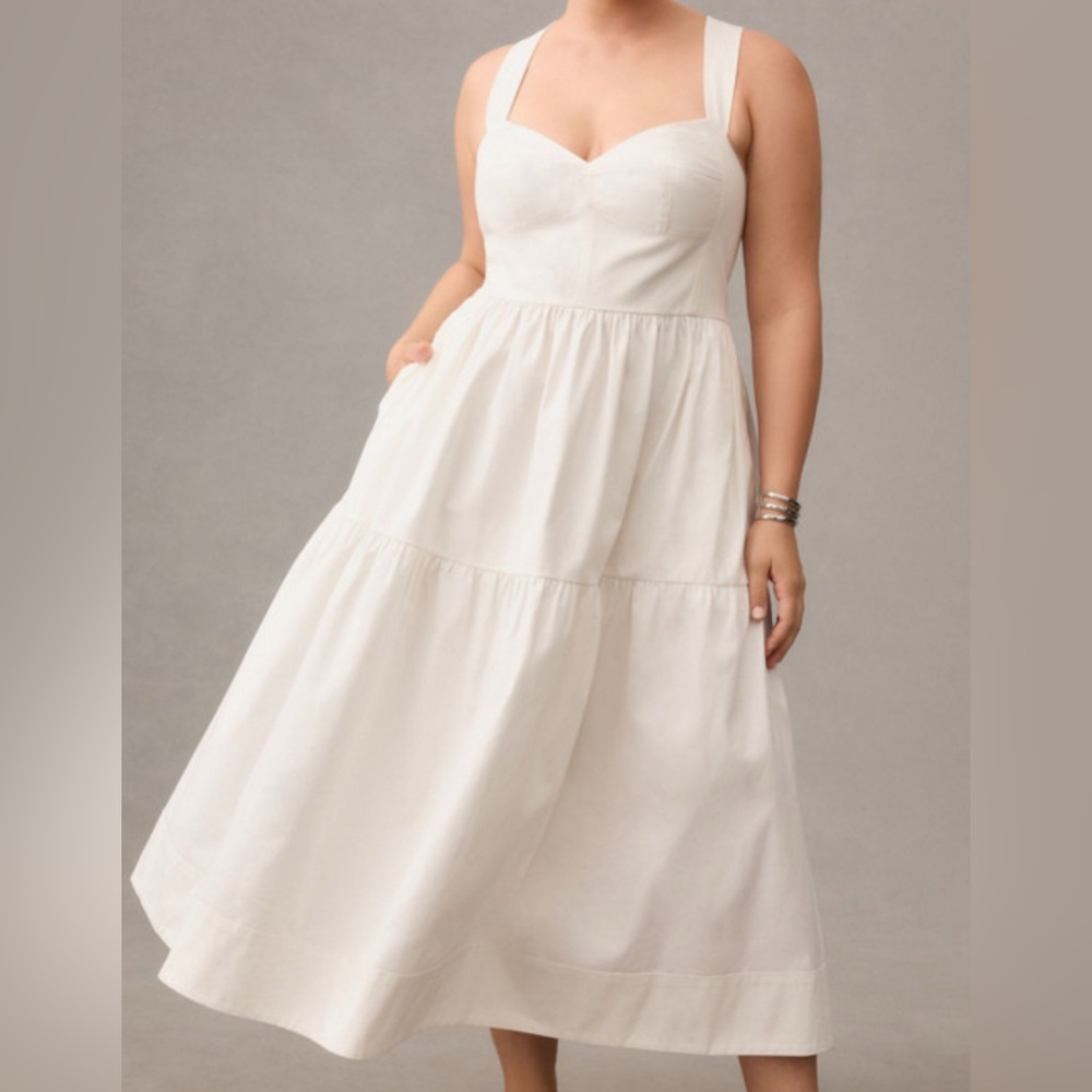 Anthropologie White Tiered  Cotton Midi Dress with Sweetheart Neckline